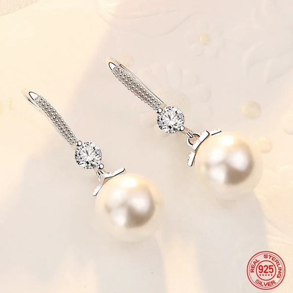 Graceful 925 Sterling Silver Long Pearl CZ Dangle Earrings For Women - Picture 2 of 5